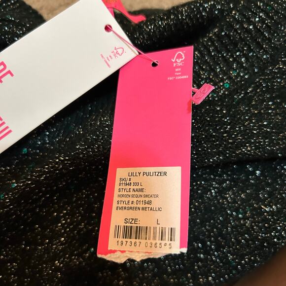 Lilly Pulitzer Morgen Sequin Sweater Size Large Evergreen Metallic Holiday Glam - Picture 9 of 9